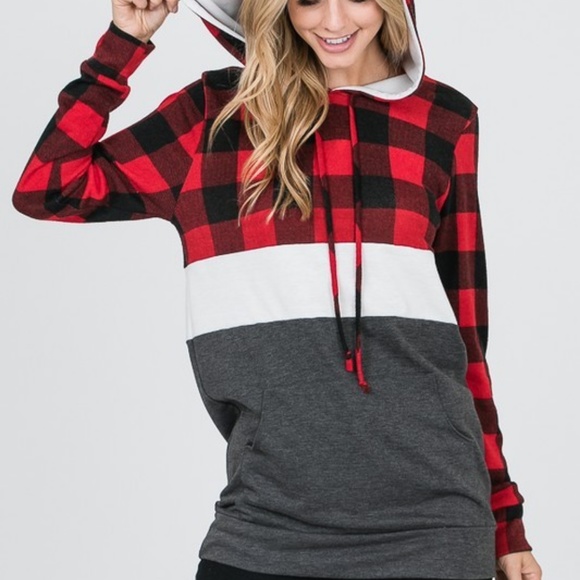 Grey & Red Color Block Buffalo Plaid Hoodie - Picture 2 of 4